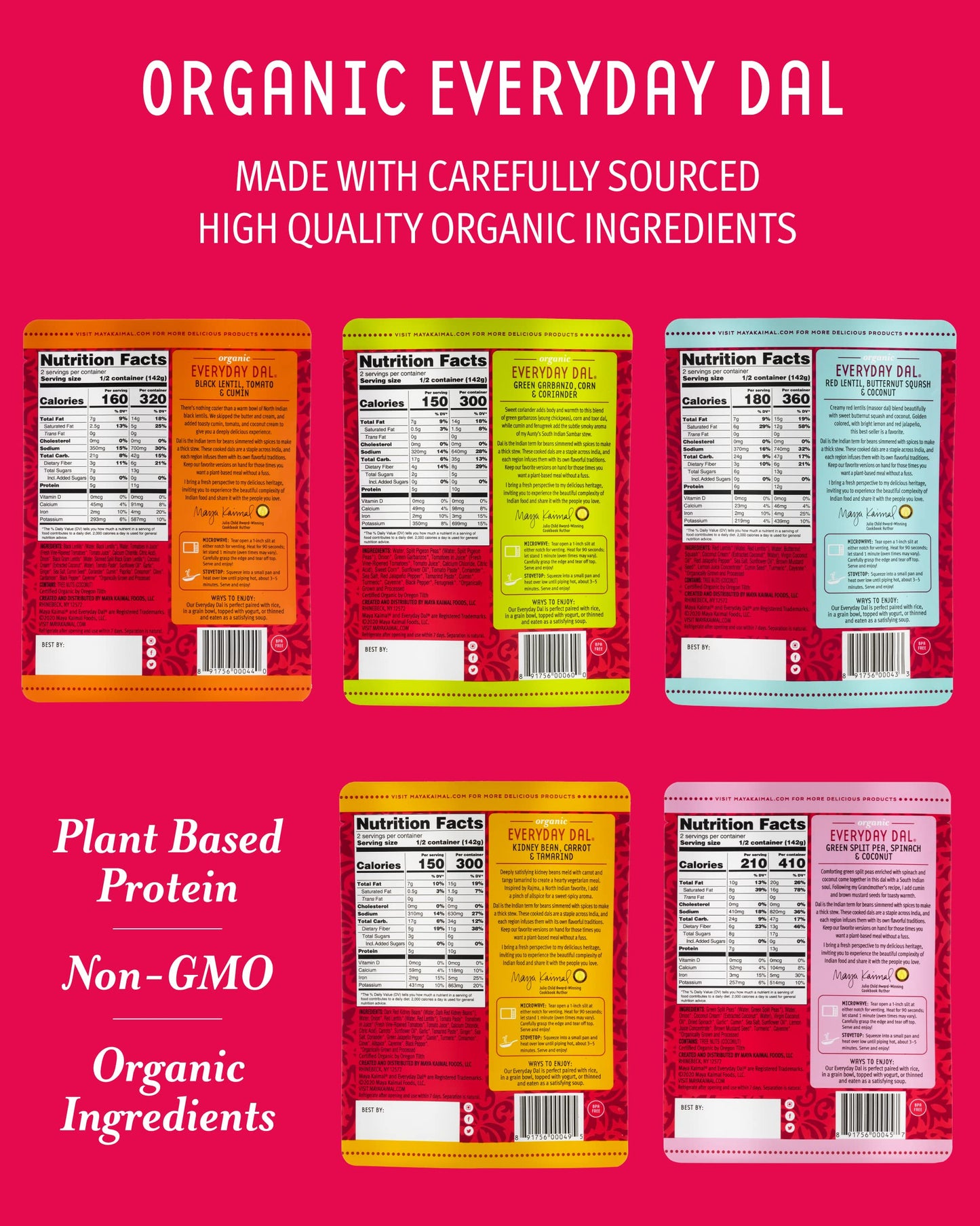 Maya Kaimal Foods - Organic Indian Everyday Dal - 6 pack variety of 10oz Ready to Eat Meals - Fully Cooked - Vegan - Kosher - Microwavable - made from Lentils, Beans, Squash, Coconut, Peas