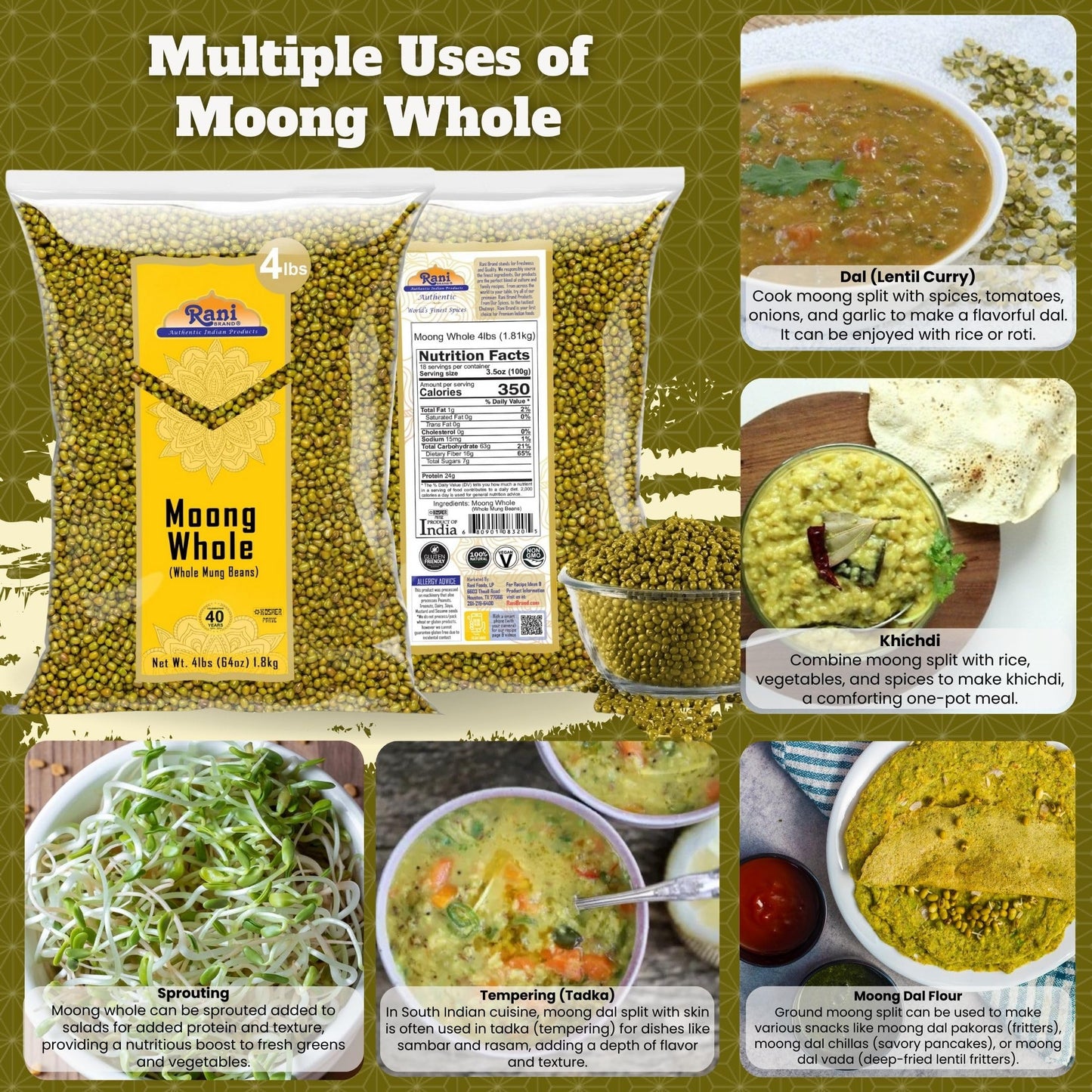 Rani Moong Whole (Ideal for cooking & sprouting, Whole Mung Beans with skin) Lentils Indian 64oz (4lbs) 1.81kg Bulk ~ All Natural | Gluten Friendly | Non-GMO | Kosher | Vegan | Indian Origin