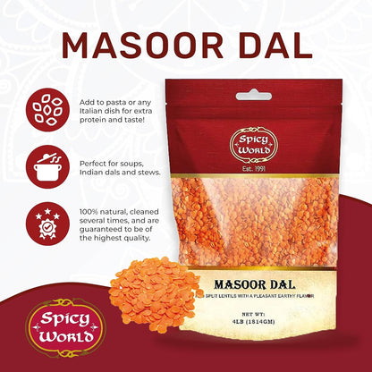 Masoor Dal 4 Pound Bag - Split Red Lentils Dry - All Natural, Pure, Vegan - Resealable Bag by Spicy World