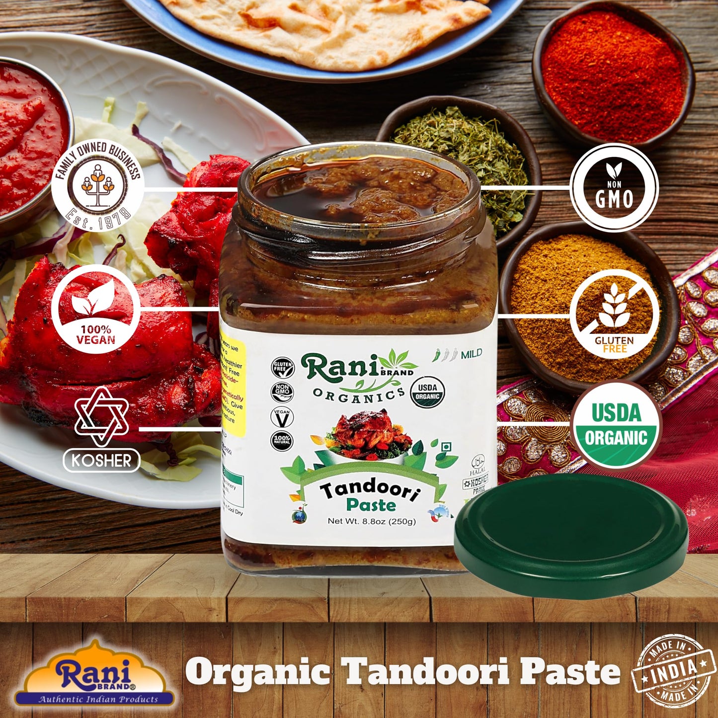 Rani Tandoori Masala (Natural, No Colors Added) Indian 11-Spice Blend 3oz (85g) PET Jar ~ Salt Free | Vegan | Gluten Friendly | NON-GMO | Kosher | Indian Origin