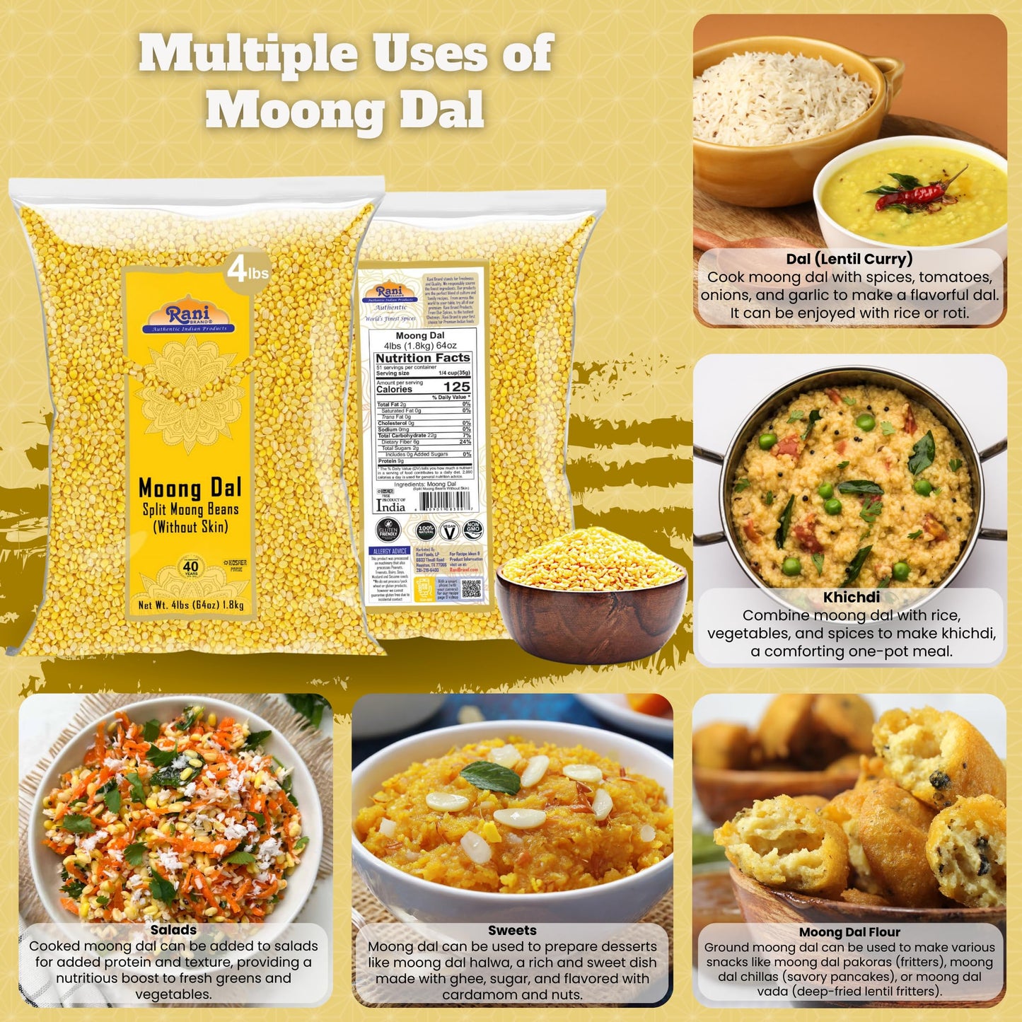 Rani Moong Whole (Ideal for cooking & sprouting, Whole Mung Beans with skin) Lentils Indian 64oz (4lbs) 1.81kg Bulk ~ All Natural | Gluten Friendly | Non-GMO | Kosher | Vegan | Indian Origin