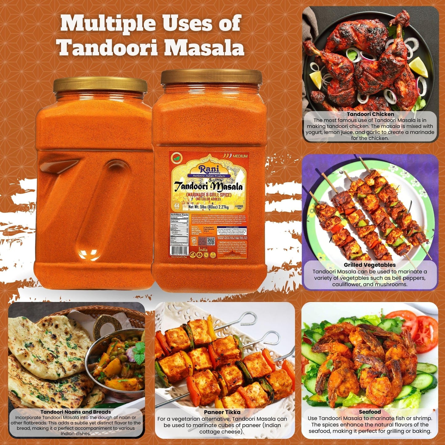 Rani Tandoori Masala (Natural, No Colors Added) Indian 11-Spice Blend 3oz (85g) PET Jar ~ Salt Free | Vegan | Gluten Friendly | NON-GMO | Kosher | Indian Origin