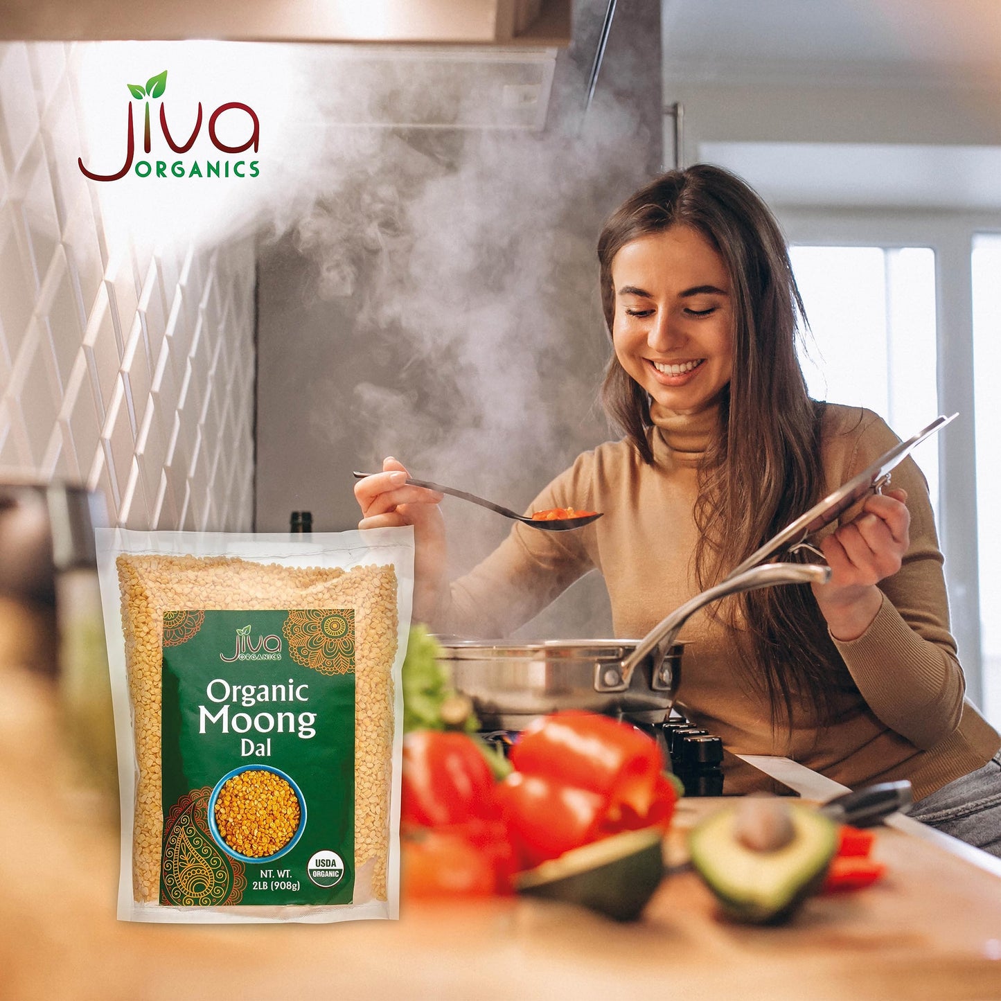 Jiva Organic Yellow Moong Dal 2 LB - Non-GMO, Gluten Free - Great for Kitchari - Split Yellow Mung Beans