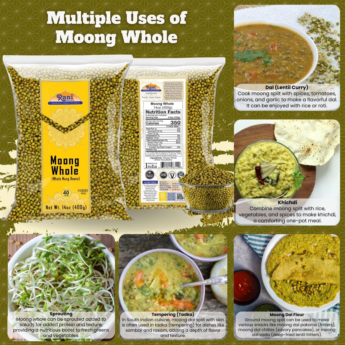 Rani Moong Whole (Ideal for cooking & sprouting, Whole Mung Beans with skin) Lentils Indian 64oz (4lbs) 1.81kg Bulk ~ All Natural | Gluten Friendly | Non-GMO | Kosher | Vegan | Indian Origin
