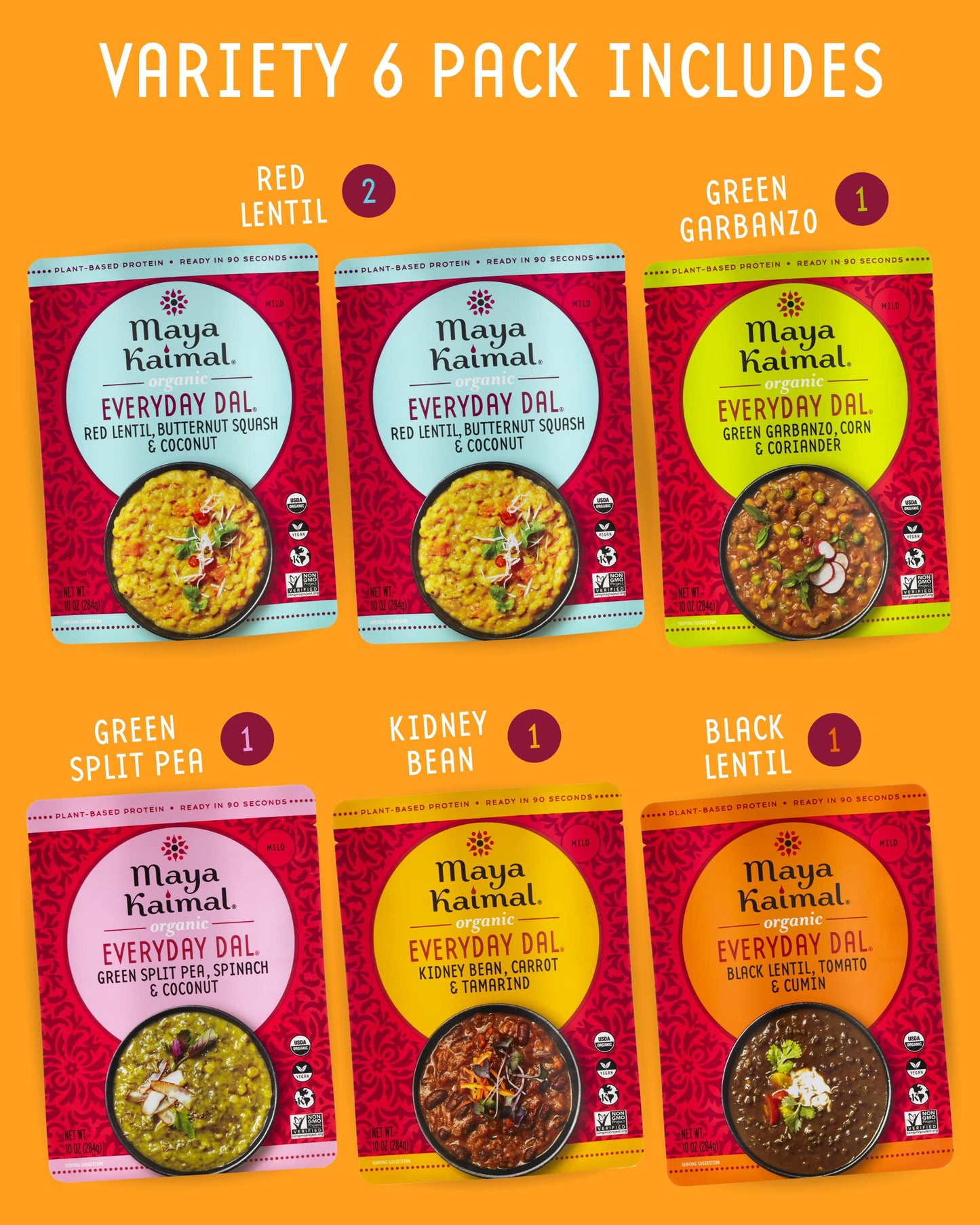 Maya Kaimal Foods - Organic Indian Everyday Dal - 6 pack variety of 10oz Ready to Eat Meals - Fully Cooked - Vegan - Kosher - Microwavable - made from Lentils, Beans, Squash, Coconut, Peas