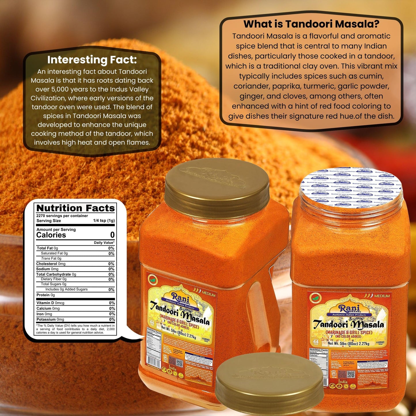 Rani Tandoori Masala (Natural, No Colors Added) Indian 11-Spice Blend 3oz (85g) PET Jar ~ Salt Free | Vegan | Gluten Friendly | NON-GMO | Kosher | Indian Origin