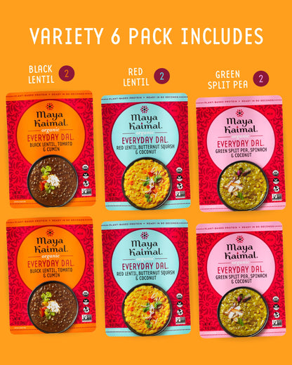 Maya Kaimal Foods - Organic Indian Everyday Dal - 6 pack variety of 10oz Ready to Eat Meals - Fully Cooked - Vegan - Kosher - Microwavable - made from Lentils, Beans, Squash, Coconut, Peas