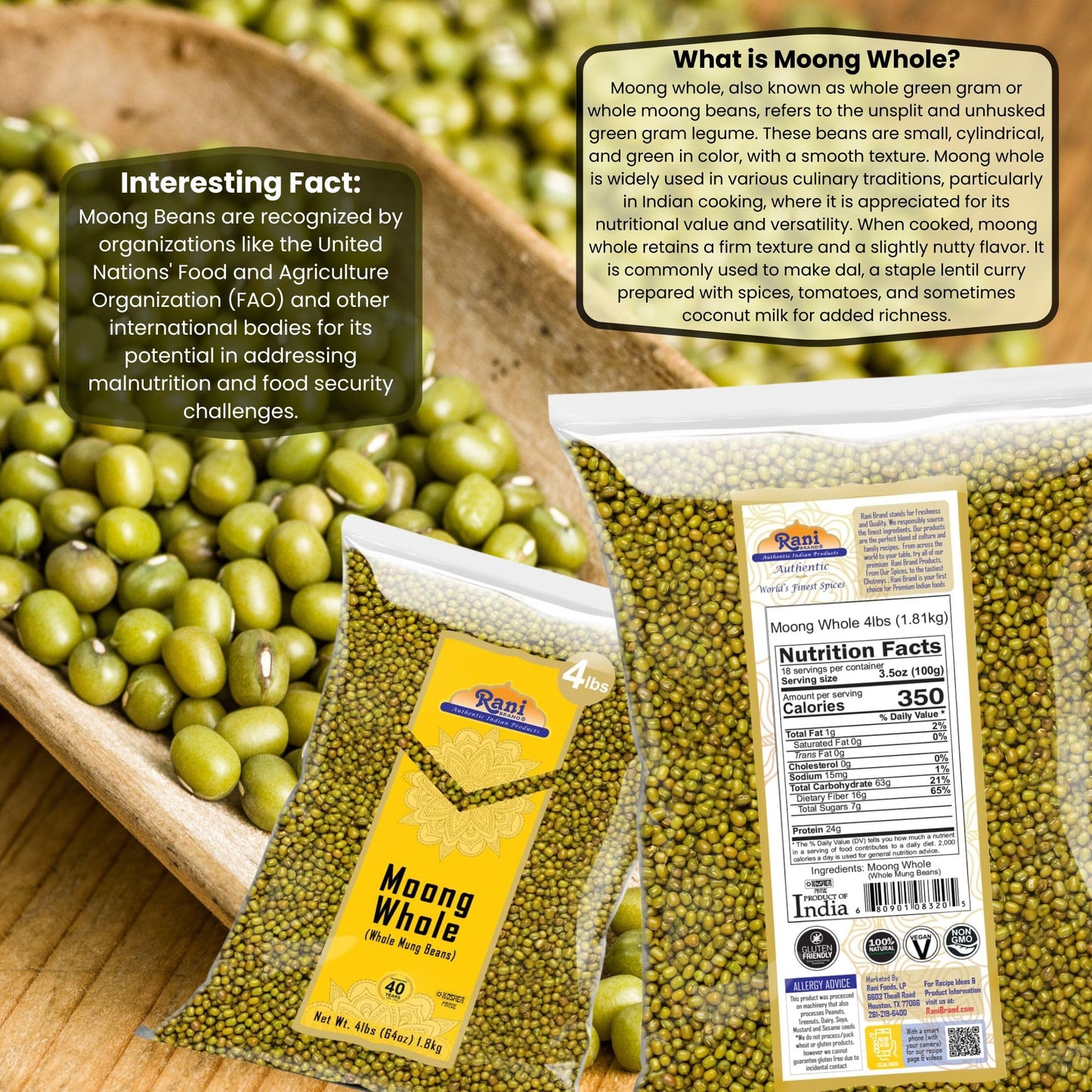 Rani Moong Whole (Ideal for cooking & sprouting, Whole Mung Beans with skin) Lentils Indian 64oz (4lbs) 1.81kg Bulk ~ All Natural | Gluten Friendly | Non-GMO | Kosher | Vegan | Indian Origin