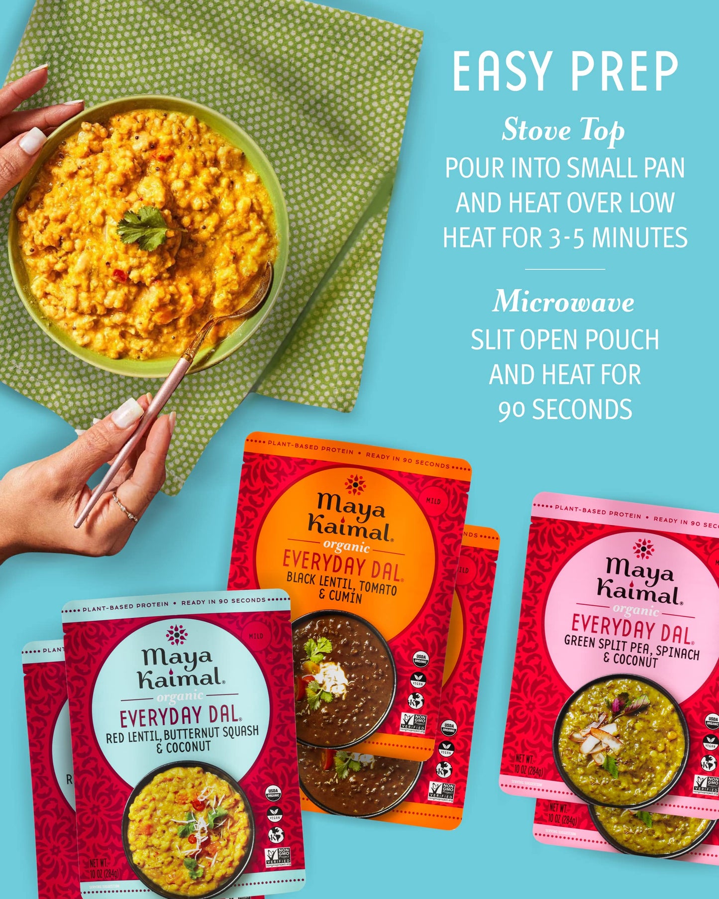 Maya Kaimal Foods - Organic Indian Everyday Dal - 6 pack variety of 10oz Ready to Eat Meals - Fully Cooked - Vegan - Kosher - Microwavable - made from Lentils, Beans, Squash, Coconut, Peas