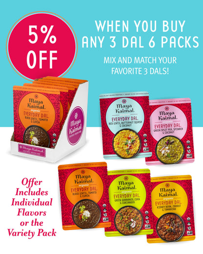 Maya Kaimal Foods - Organic Indian Everyday Dal - 6 pack variety of 10oz Ready to Eat Meals - Fully Cooked - Vegan - Kosher - Microwavable - made from Lentils, Beans, Squash, Coconut, Peas