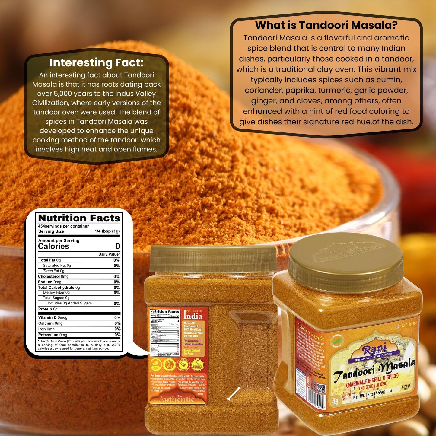 Rani Tandoori Masala (Natural, No Colors Added) Indian 11-Spice Blend 3oz (85g) PET Jar ~ Salt Free | Vegan | Gluten Friendly | NON-GMO | Kosher | Indian Origin
