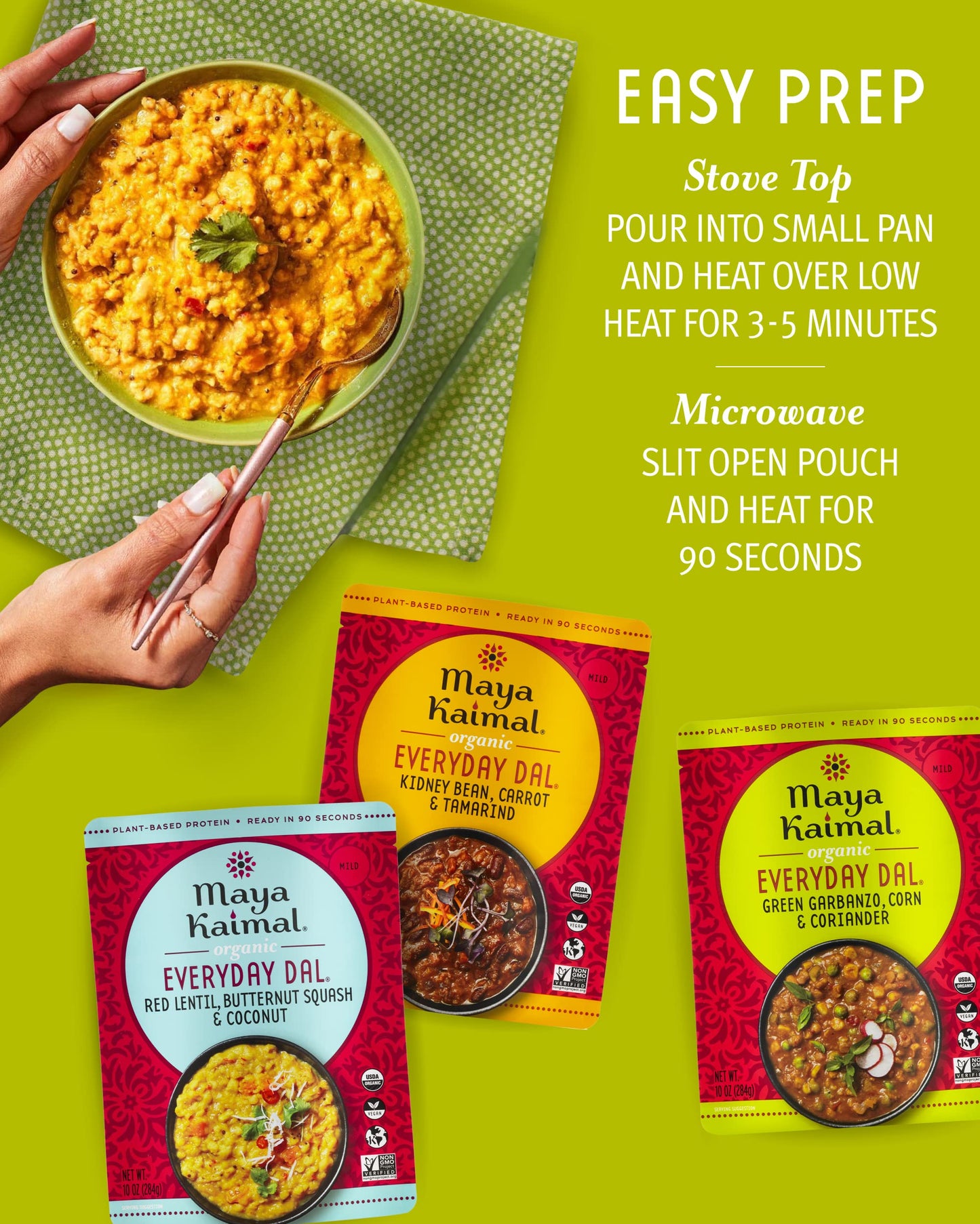 Maya Kaimal Foods - Organic Indian Everyday Dal - 6 pack variety of 10oz Ready to Eat Meals - Fully Cooked - Vegan - Kosher - Microwavable - made from Lentils, Beans, Squash, Coconut, Peas