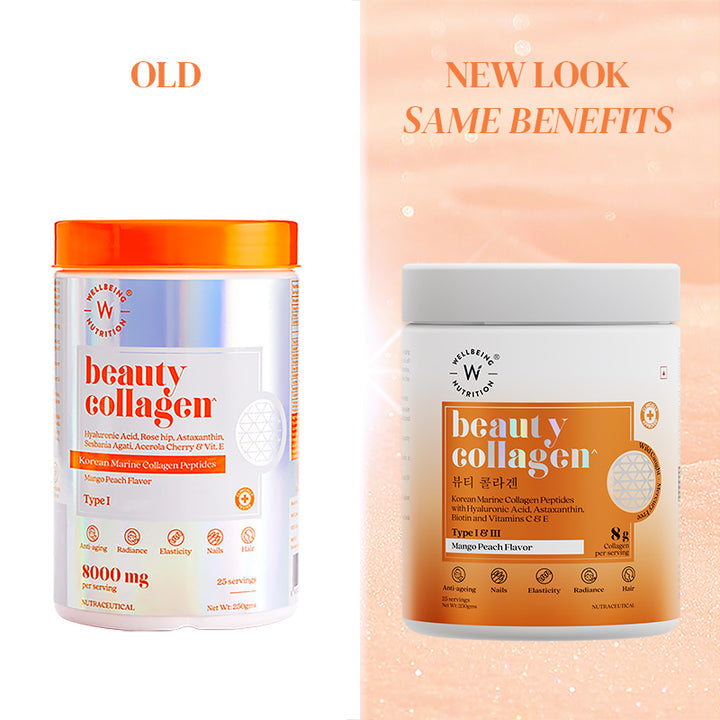 Wellbeing Nutrition Beauty Korean Marine Collagen Peptides with Hyaluronic Acid, Rosehip, Astaxanthin, Biotin & Vitamins C & E for Hair, Nails, Skin Radiance & Anti-Aging | Mango Peach Flavor - 250g
