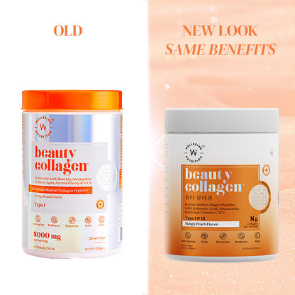 Wellbeing Nutrition Beauty Korean Marine Collagen Peptides with Hyaluronic Acid, Rosehip, Astaxanthin, Biotin & Vitamins C & E for Hair, Nails, Skin Radiance & Anti-Aging | Mango Peach Flavor - 250g