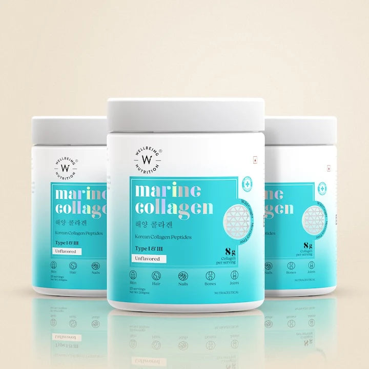 Wellbeing Nutrition Pure Korean Marine Collagen Peptides Supplement for Skin, Hair, Nails. Bone & Joint | Clinically Proven | High Absorption 8 gms Collagen | Unflavored, 200 gms