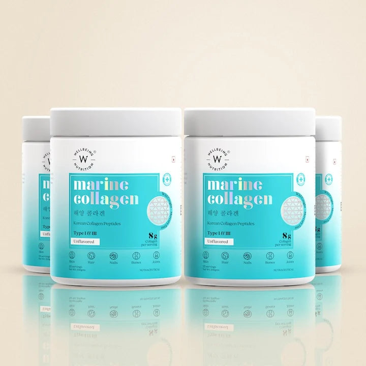 Wellbeing Nutrition Pure Korean Marine Collagen Peptides Supplement for Skin, Hair, Nails. Bone & Joint | Clinically Proven | High Absorption 8 gms Collagen | Unflavored, 200 gms
