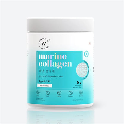 Wellbeing Nutrition Pure Korean Marine Collagen Peptides Supplement for Skin, Hair, Nails. Bone & Joint | Clinically Proven | High Absorption 8 gms Collagen | Unflavored, 200 gms
